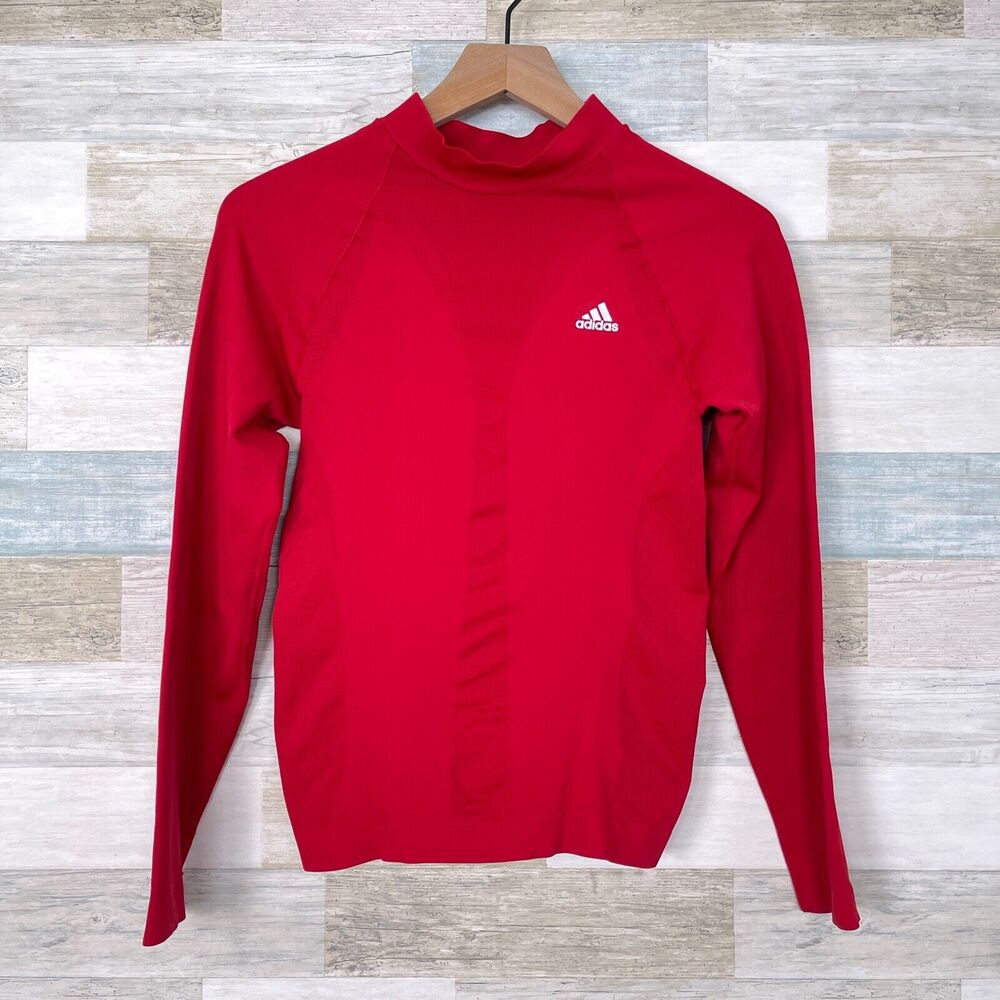 Adidas Mock Neck Top Compression Red ClimaCool Activewear Stretch Womens Medium
